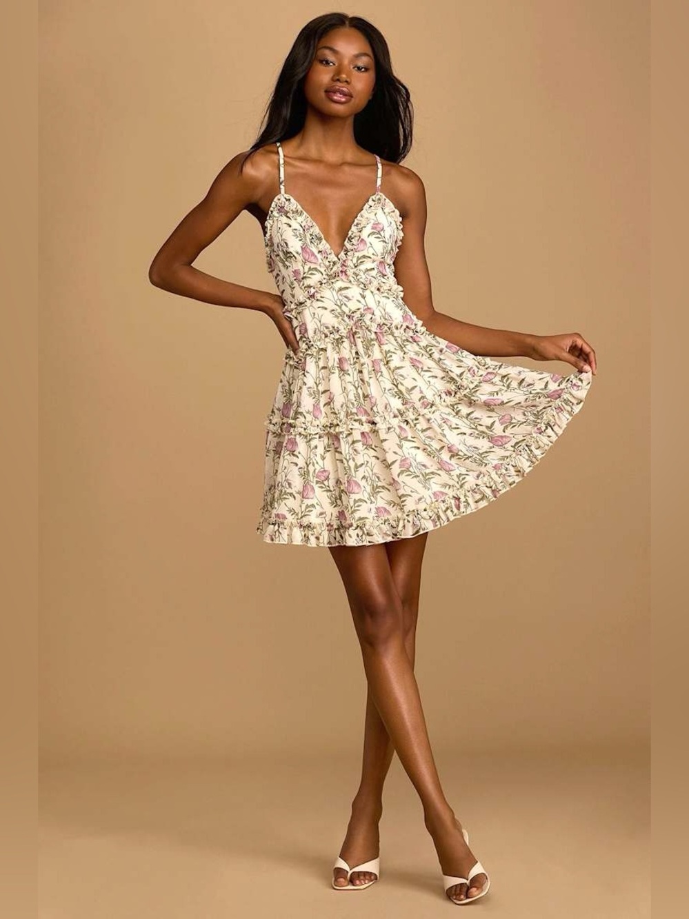 Lulus Stay Cute Cream Floral Print Tiered Ruffled Mini Dress size‎ Large